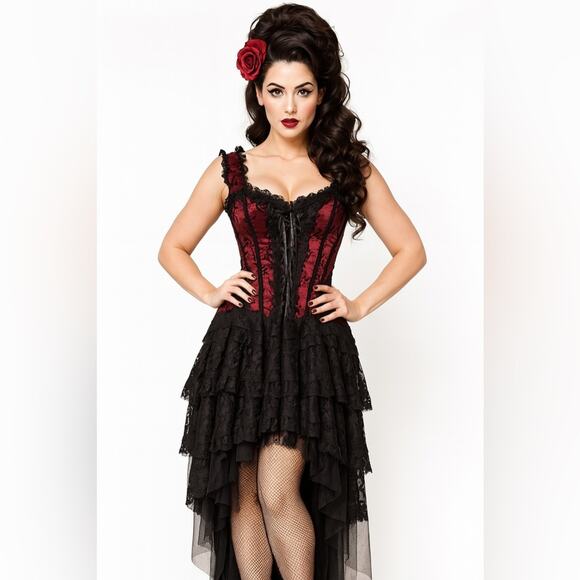 Burleska Ophelie Corset Dress In Red and Black Lace Women's 14 - Picture 1 of 8